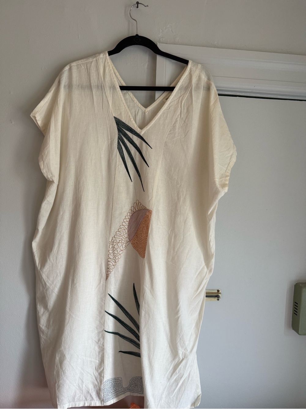 Cost Plus World Market Cream Beach Coverup with Green and Tan Leaf Accents